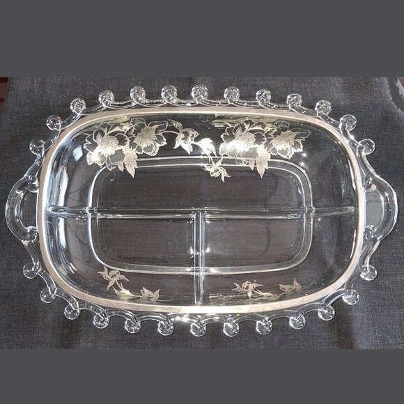 Vintage Heisey Glass Lariat 3 Part Relish Rectangular Silver Floral Overlay - Picture 1 of 6